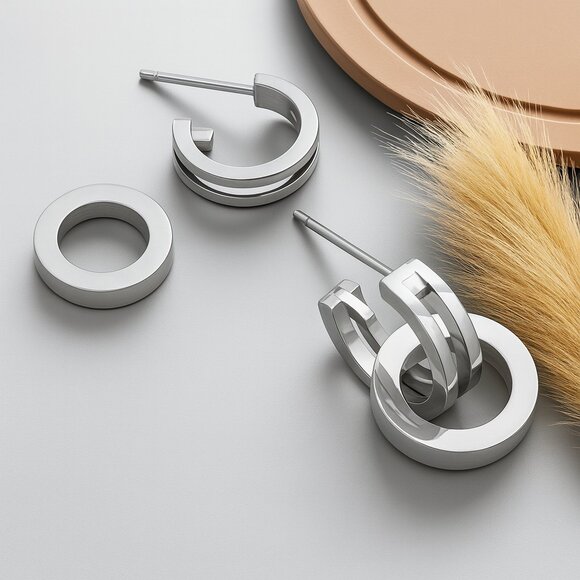 ๐ Minimalist Double Hoop Earrings 18K White Gold Plated 316L Stainless Steel - Picture 9 of 11